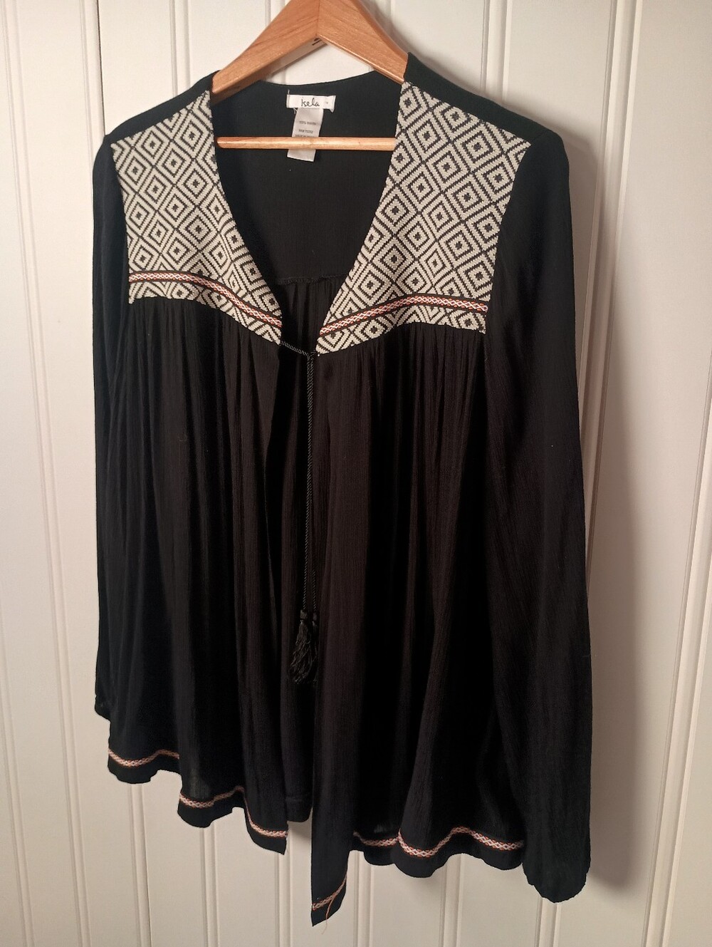Isela- Black Embroidered Yoke Boho Top- Size L